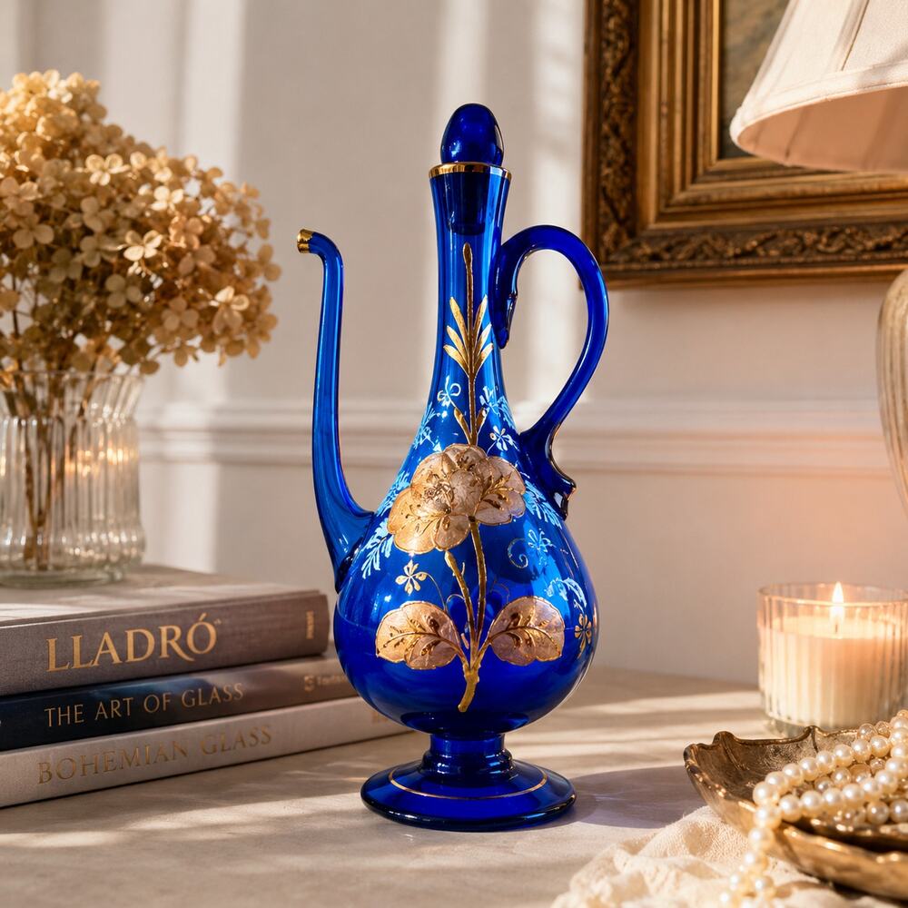 Hand Blown Cobalt Blue Art Glass Ewer Gilt Floral Decanter w/ Stopper